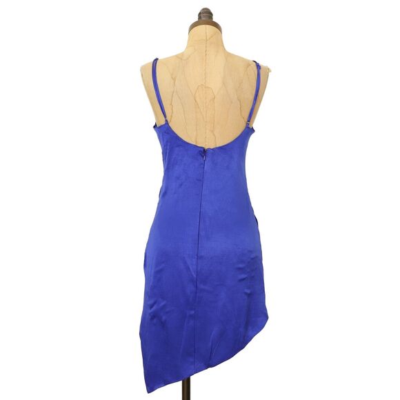 BARDOT Oceana Mini Satin Dress S Royal Blue Asymmetric Hem Gathered V-Neck B35 - Picture 4 of 5